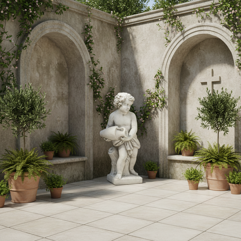 Cherub statue in classical Renaissance style, holding a scroll and standing beside a tree stump with ornate detailing. Side Angle