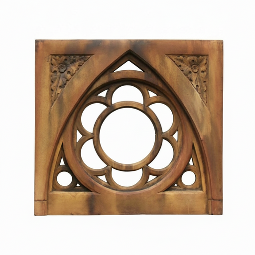 Gothic architectural panel with ornate quatrefoil and pointed arch design, featuring intricate old world European detailing.