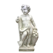 Cherub statue in classical Renaissance style holding a staff and leaning on a basket of fruit with ornate detailing. Side View