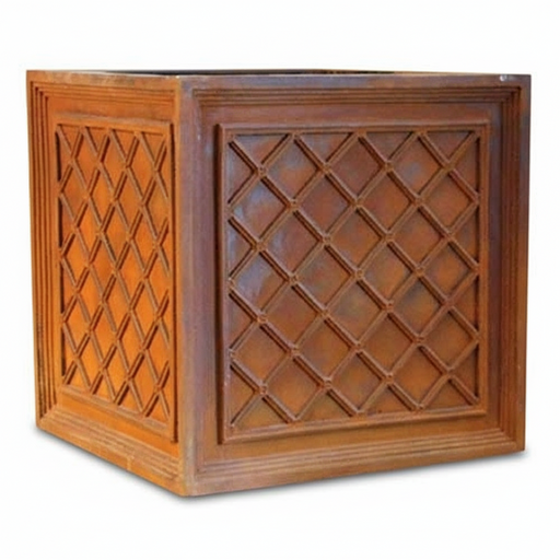 Square planter with ornate lattice panels and classical old world European design, featuring raised geometric detailing and framed edges.