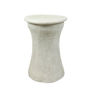Pedestal table with a flared base and rounded top, featuring classical old world European design and subtle ornate detailing. Side View
