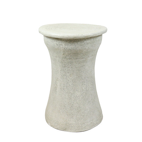 Pedestal table with a flared base and rounded top, featuring classical old world European design and subtle ornate detailing. Side View