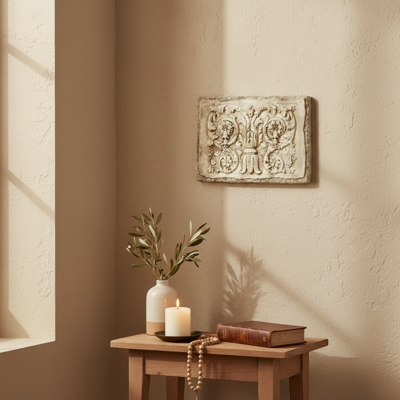 Ornate rectangular plaque featuring classical Baroque scrollwork, acanthus leaves, and floral motifs in old world European style. Different Angle