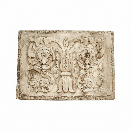 Ornate rectangular plaque featuring classical Baroque scrollwork, acanthus leaves, and floral motifs in old world European style. Side View