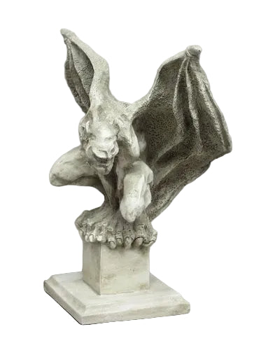 Gothic gargoyle statue with outstretched wings and crouching pose on a square pedestal, featuring ornate medieval detailing. Side View