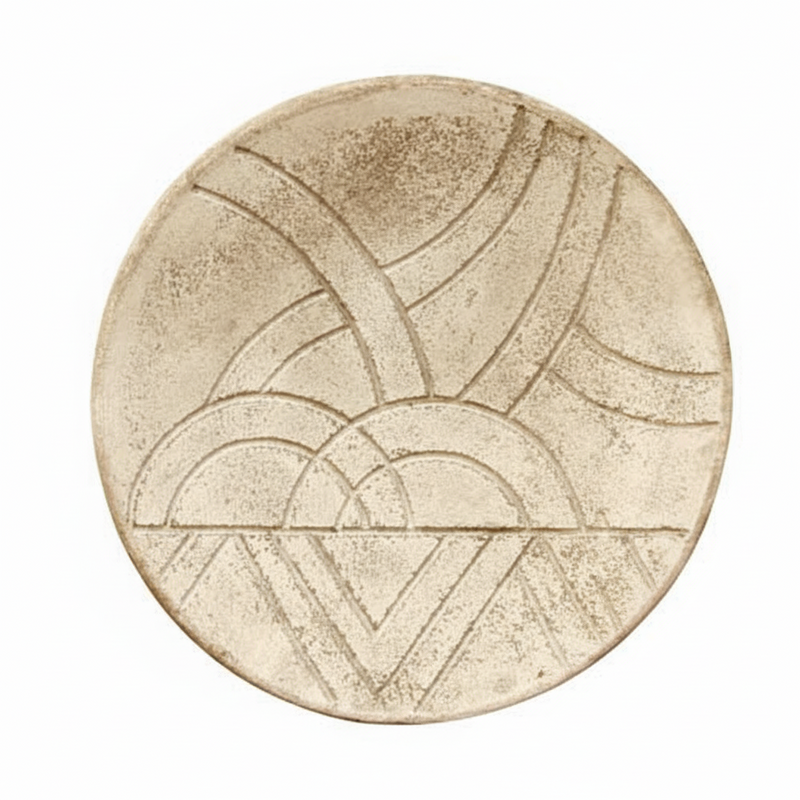 Round decorative plate with geometric Art Deco-inspired patterns and subtle old world European style detailing. Side View