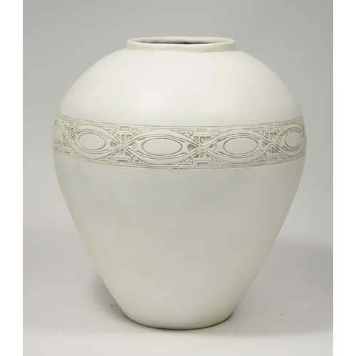 Ornate old world European vase with classical embossed band featuring intricate geometric and Renaissance-inspired patterns.