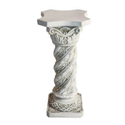 Ornate classical pedestal with twisted column, floral Baroque detailing, and a hexagonal top in old world European style. Side View