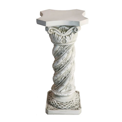 Ornate classical pedestal with twisted column, floral Baroque detailing, and a hexagonal top in old world European style. Side View