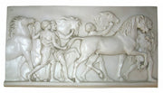 Classical Greek relief sculpture depicting figures leading horses in an ornate, old world European style with Renaissance influences.