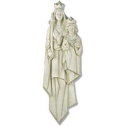 Madonna and Child statue in old world European style with ornate, elongated forms and classical, medieval-inspired detailing. Side View