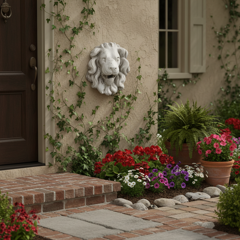 Lion head sculpture with flowing mane, featuring ornate, classical European and Baroque detailing in an old world architectural style. Side Angle