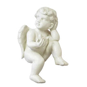 Cherub statue in classical Renaissance style, seated with wings, holding a small bird, featuring ornate, old world European details.