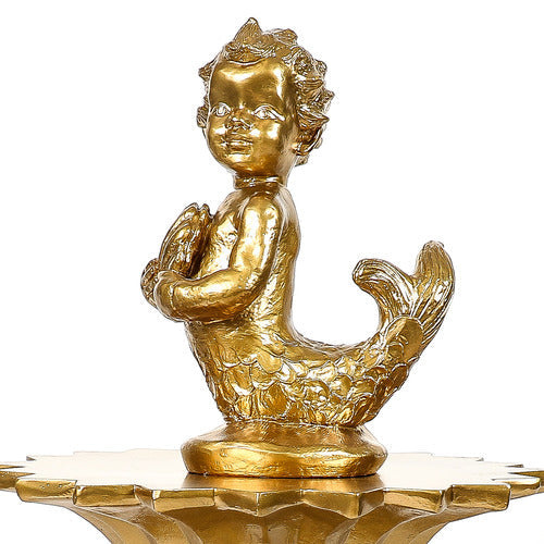 Pair of ornate, old world European mermaid figurines with classical detailing and Baroque-inspired sculpted features. Different Angle