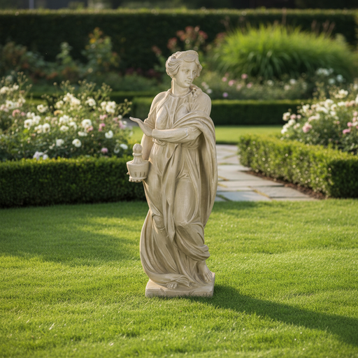 Classical Renaissance-style female statue in flowing drapery, holding a small urn, with ornate detailing and serene expression. Side Angle