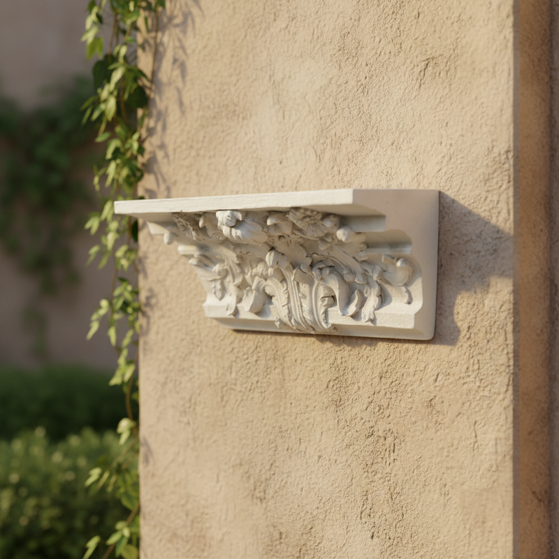 Ornate classical corbel with intricate Baroque floral and acanthus leaf carvings in old world European architectural style. Side Angle