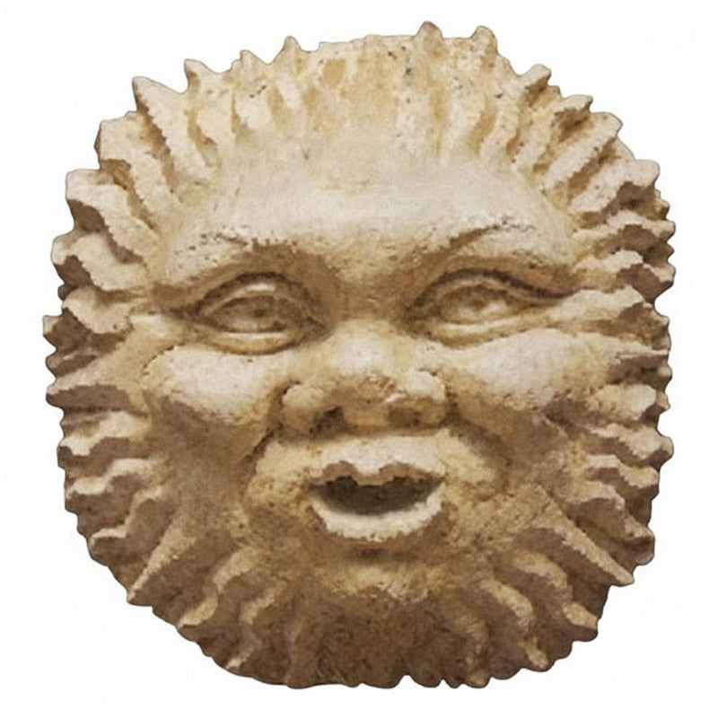 Sun face wall sculpture with expressive features, ornate rays, and classical old world European style reminiscent of Renaissance art.