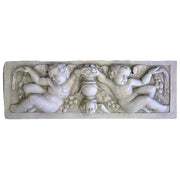 Baroque architectural relief panel featuring two cherubs with garlands and a central ornate urn in classical old world European style.