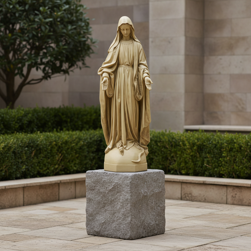Madonna statue in classical Renaissance style with flowing drapery, serene expression, and outstretched hands on ornate pedestal. Different Angle