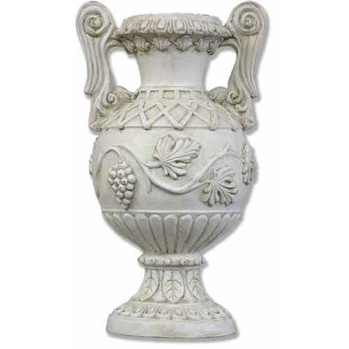 Ornate classical urn with Baroque grapevine and leaf relief, fluted base, and elaborate scroll handles in old world European style.
