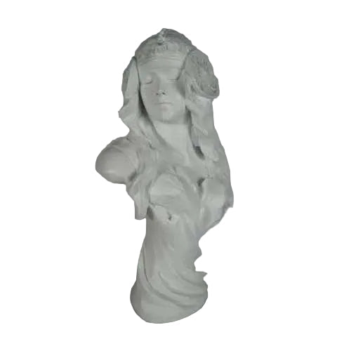 Classical bust of a serene woman with flowing hair and ornate headpiece, inspired by old world European and Renaissance styles.
