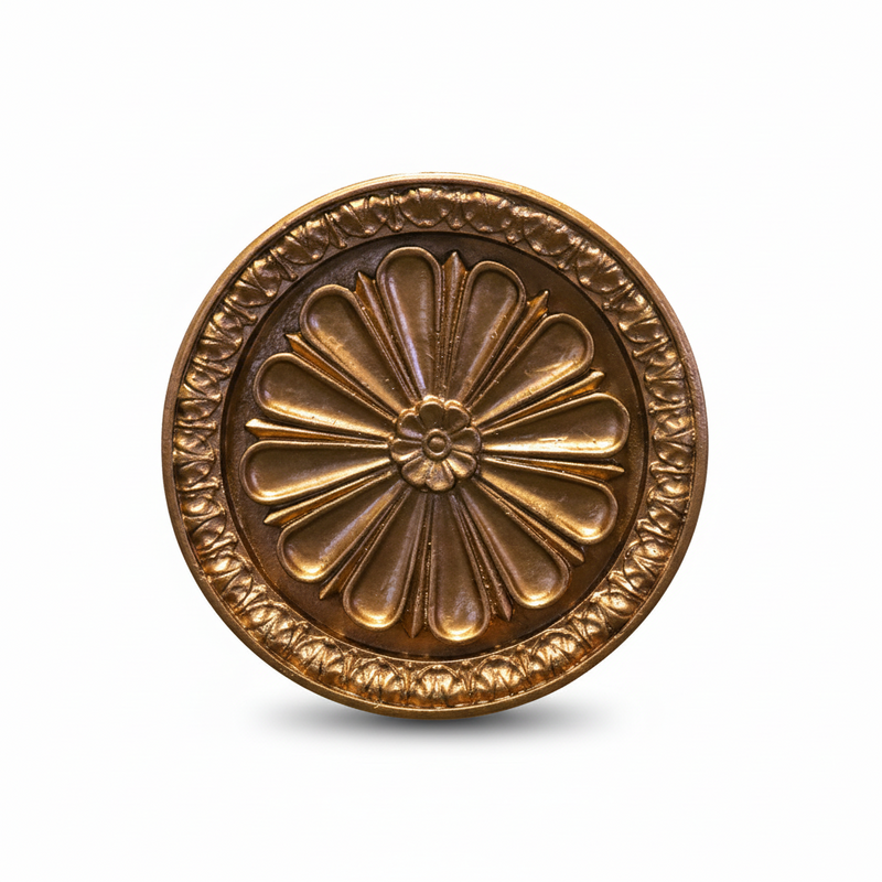 Ornate round medallion with classical Baroque floral motif and detailed raised border in old world European style. Side View