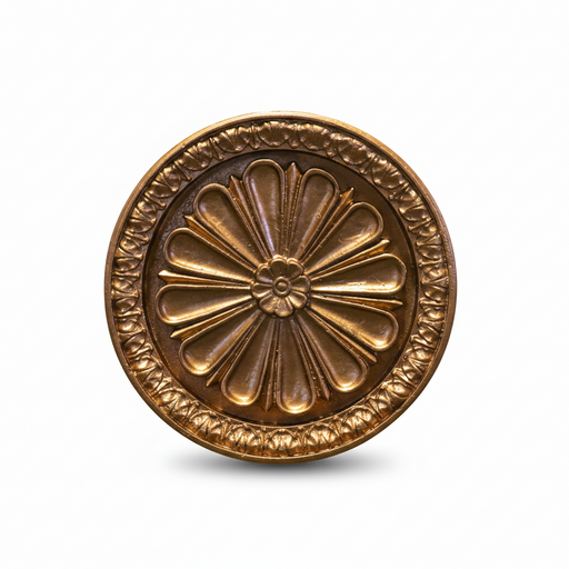 Ornate round medallion with classical Baroque floral motif and detailed raised border in old world European style. Side View