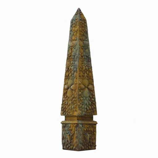Obelisk sculpture with ornate, old world European detailing and textured Baroque-inspired surface, featuring classical geometric form. Side View