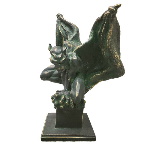 Gothic gargoyle statue with outstretched wings and crouching pose on a square pedestal, featuring ornate old world European details Different Angle