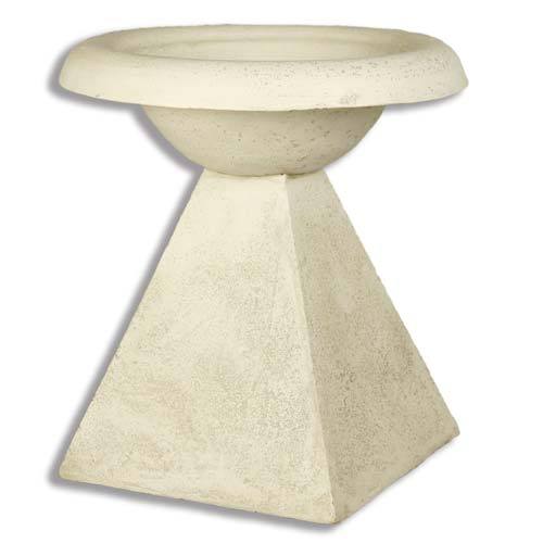 Ornate old world European pedestal birdbath with a wide round basin and classical pyramid base, featuring subtle textured detailing.