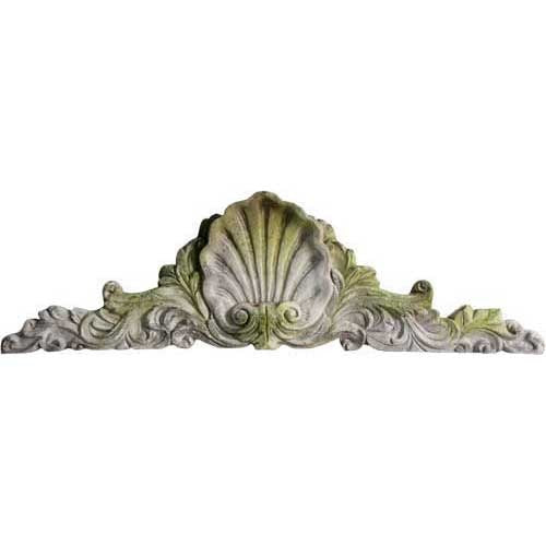 Ornate old world European shell crest with Baroque scrollwork and classical detailing, featuring symmetrical, intricate carvings. Side View