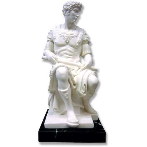 Seated classical male statue in ornate Renaissance armor with detailed drapery, inspired by old world European sculpture.
