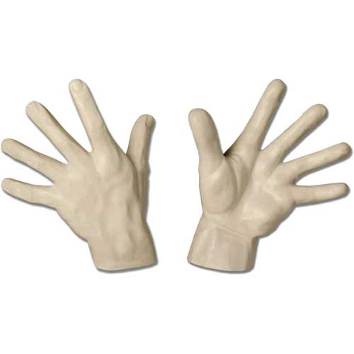 Pair of sculpted hands with exaggerated fingers, featuring classical Renaissance style and detailed, lifelike anatomical features.