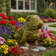 Bulldog statue with detailed wrinkles and expressive features, sculpted in an old world European classical style. Side Angle