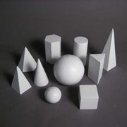 Geometric forms arranged in a group, featuring spheres, cubes, cones, pyramids, and cylinders in a classical study composition. Side Angle View