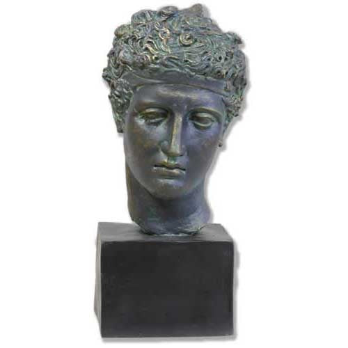 Classical Greek-style sculpted head bust with intricate hair detail, displayed on a simple square pedestal base.