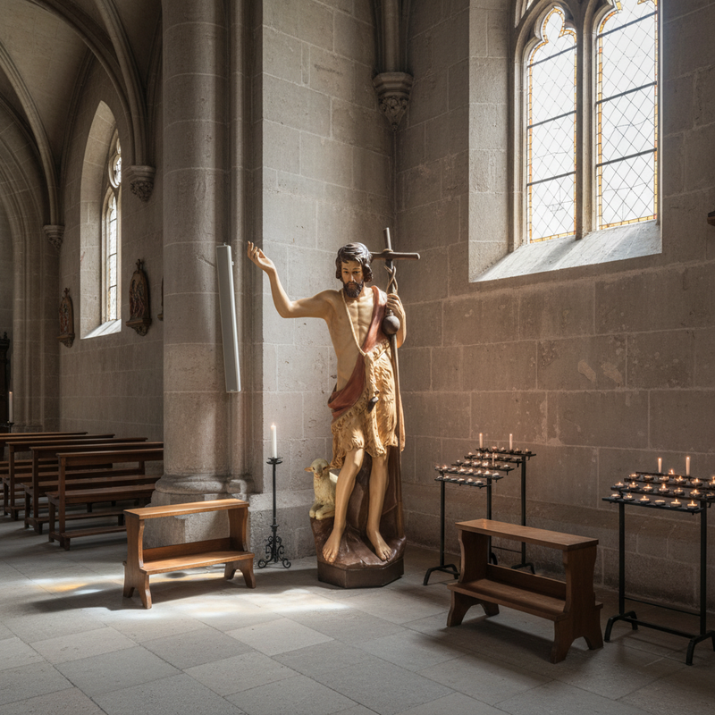 Saint John the Baptist statue in classical Renaissance style, holding a cross staff, with a lamb at his feet and ornate detailing. Side Angle