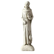Saintly monk statue in old world European style, holding a bird with an ornate, classical design and a crane at his feet. Side View