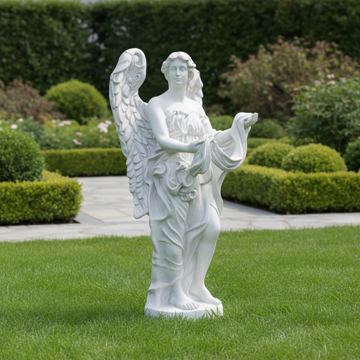 Baroque angel statue with detailed wings and flowing robes, holding a draped cloth in classical old world European style. Side Angle