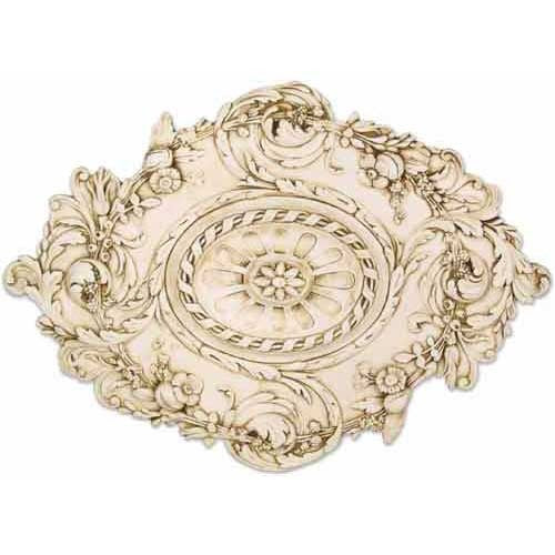 Ornate Baroque ceiling medallion with intricate floral scrollwork and classical old world European detailing. Side View