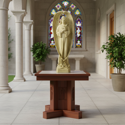 Angel statue with folded hands, long flowing robes, and large wings in an ornate, old world European classical style. Side Angle