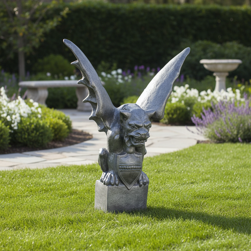 Gothic gargoyle statue with outstretched wings, fierce expression, and ornate medieval detailing on a pedestal. Side Angle