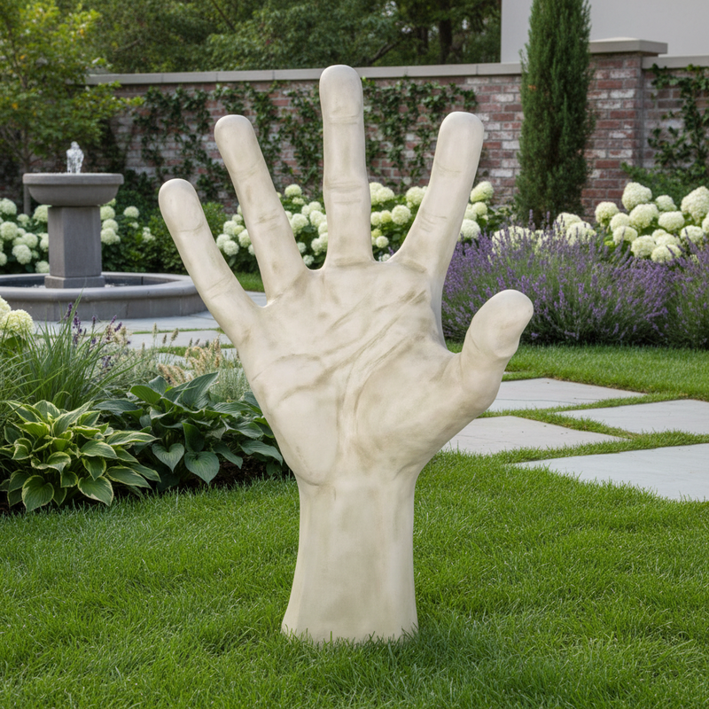 Sculpted hand wall decor with elongated fingers, featuring classical old world European and Renaissance-inspired detailing. Side Angle