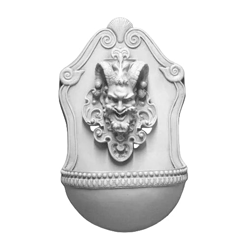 Wall-mounted fountain with ornate Baroque face motif, classical scrollwork, and old world European decorative detailing.