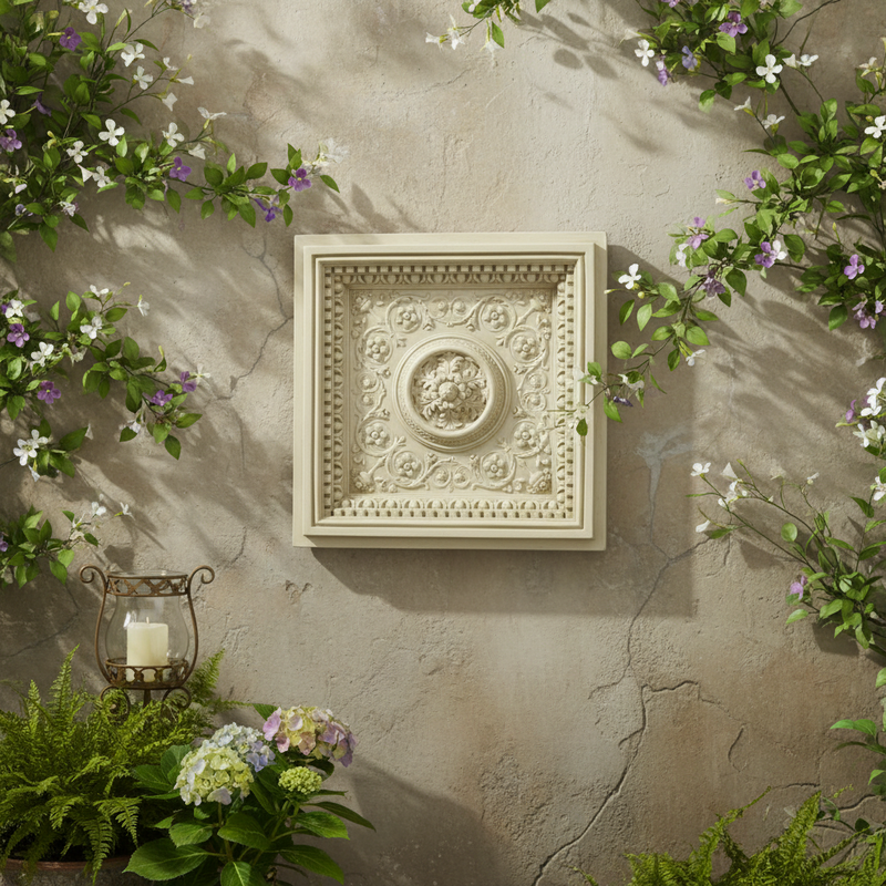 Ornate square wall panel with classical Baroque floral medallion and intricate old world European scrollwork border. Side Angle