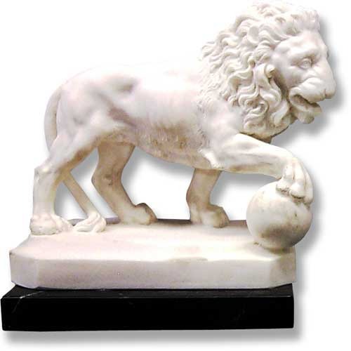 Lion statue in classical Renaissance style with ornate mane, standing with one paw resting on a sphere, displayed on a pedestal.