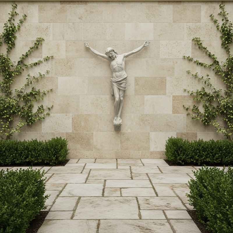 Crucifix statue featuring Jesus in a classical, old world European style with ornate, Renaissance-inspired detailing. Different Angle