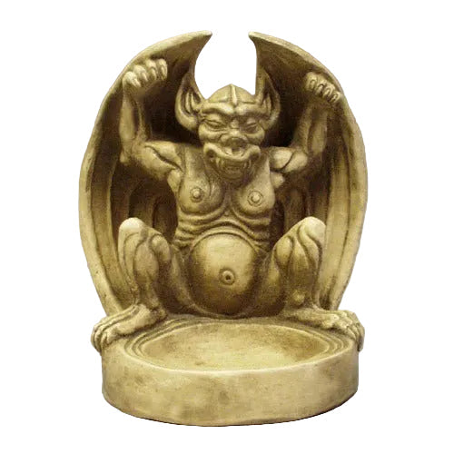 Gothic gargoyle statue with wings raised, crouching over a round basin in an ornate medieval European style.