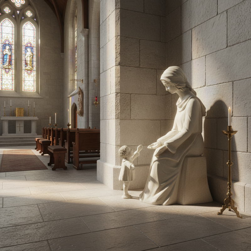 Seated woman in classical robe with head covering, reaching out to a standing child in an old world European style. Side Angle