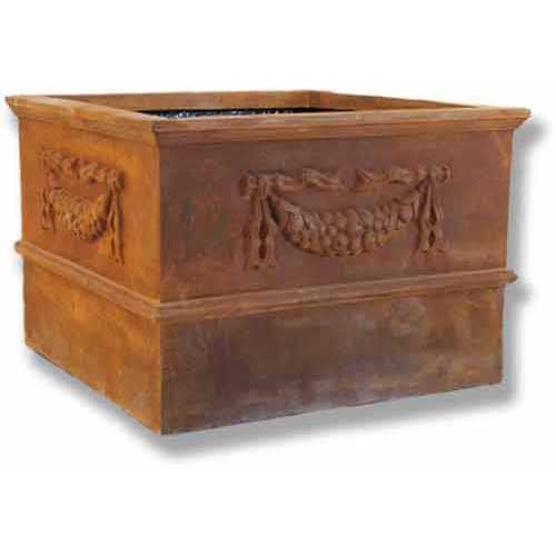 Square planter with ornate Baroque garland relief, featuring classical old world European decorative detailing on all sides.